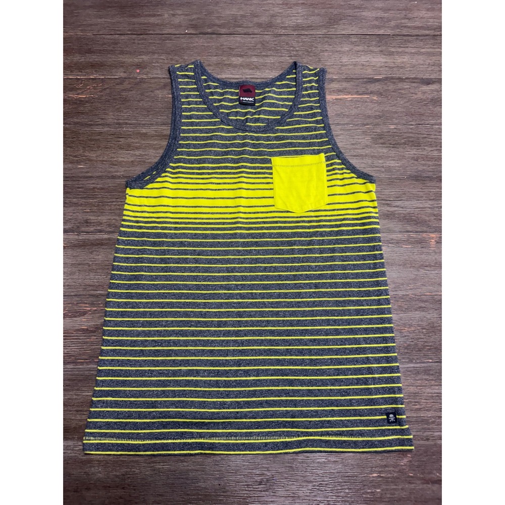 Tony Hawk Mens Striped Tank Top Charcoal Neon Yellow Pocket Skate Shirt Small